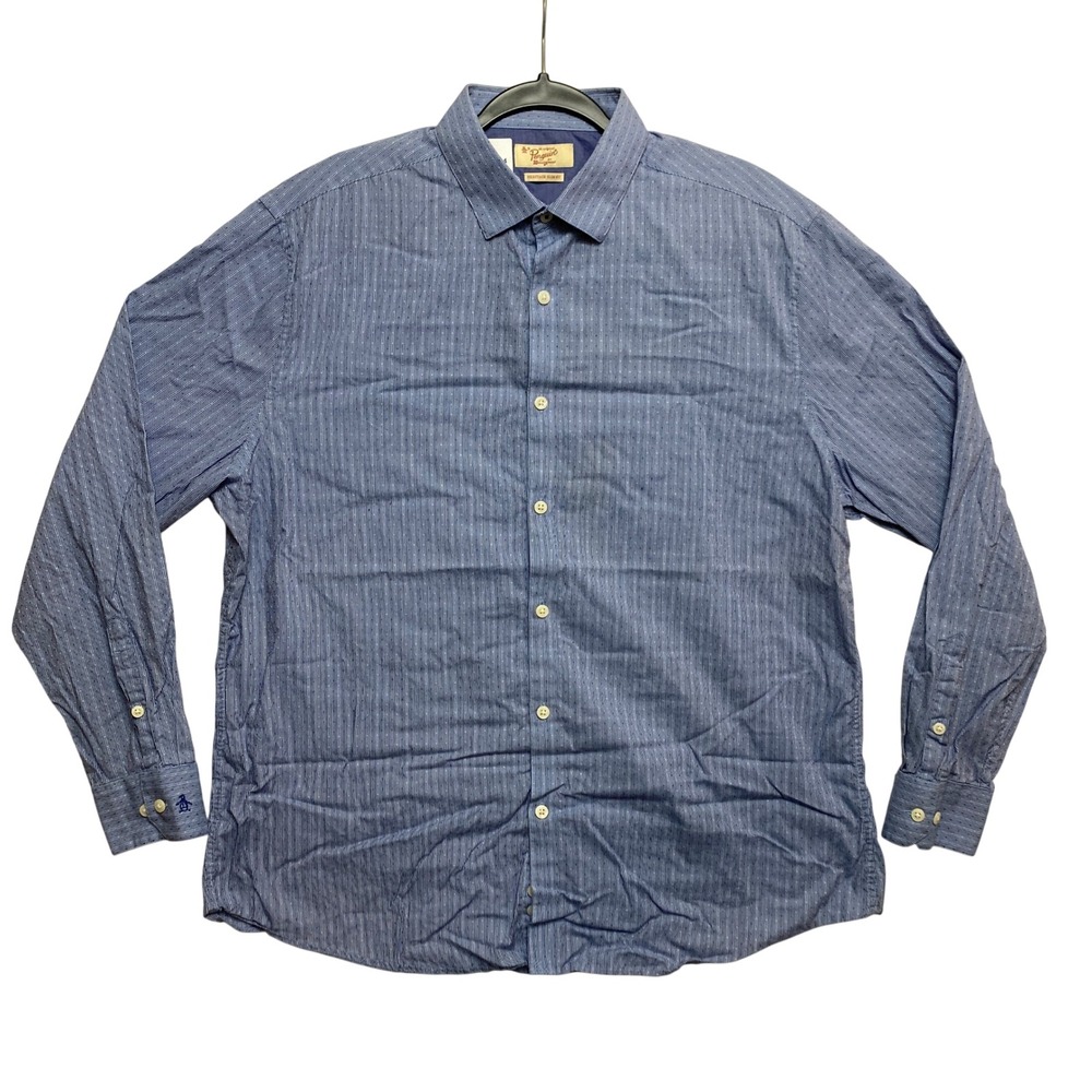 Original Penguin Shirt Mens XXL Blue Heritage Slim Fit Micro-Stripe Button-Down